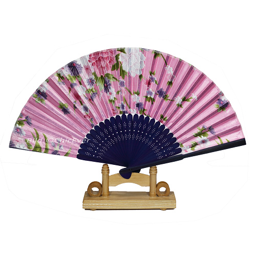 Fächer Handfächer Bambus Seide blau rosa Blumen 7231 - zum Schließen ins Bild klicken